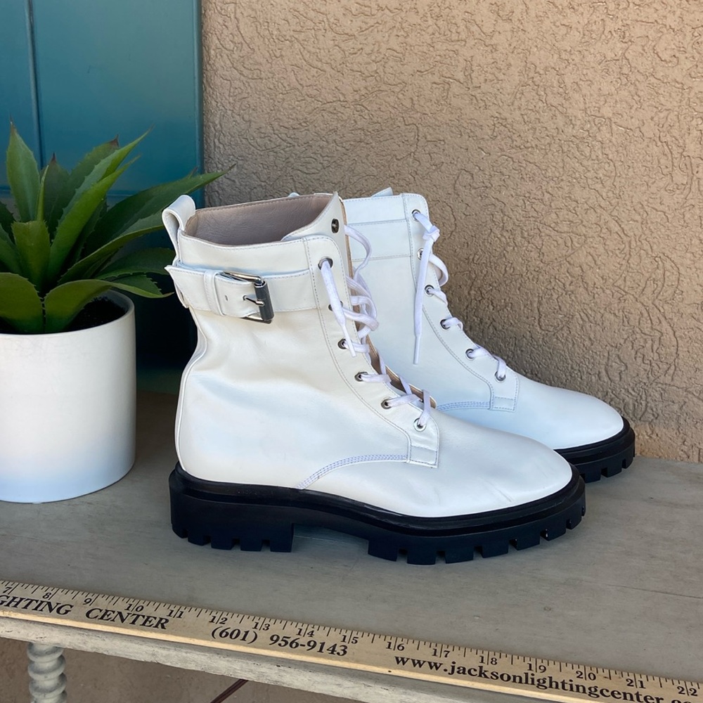 Stuart Weizman White Ultra Lug Buckle Combat Lace up Boots. 9B - Picture 2 of 11